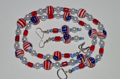+MBA #B6-109  "Fancy Flag, Red Glass & Pearl Necklace & Matching Earring Set"