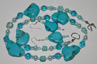 +MBA #B6-037  "Turquoise, Blue Glass Bead & Pearl Necklace & Matching Earring Set"