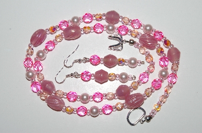 +MBA #B6-028  "Fancy Pink Glass Bead & Pearl Necklace & Matching Earring Set"