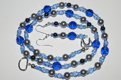 +MBA #B6-090  "Fancy Blue Crystal, Pearl & Hemalyke Bead Necklace & Matching Earring Set"