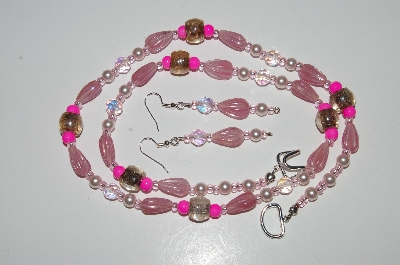 +MBA #B6-025  "Fancy Pink Glass, Pearl & Crystal Bead Necklace & Matching Earring Set"