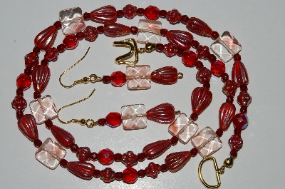 +MBA #B6-068  :Fancy Glass Bead, Red Luster & Red Crystal Bead Necklace & Matching Earring Set"