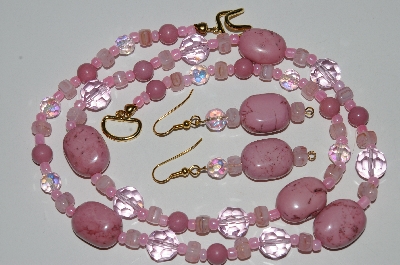 +MBA #B6-065  "Fancy Lepidolite, Pink Crystal & Glass Bead Necklace & Matching Earring Set"