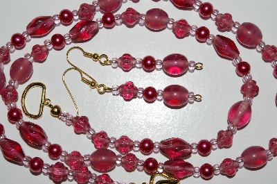 +MBA #B6-079  "Fancy Cranberry Glass & Pearl Necklace & Matching Earring Set"