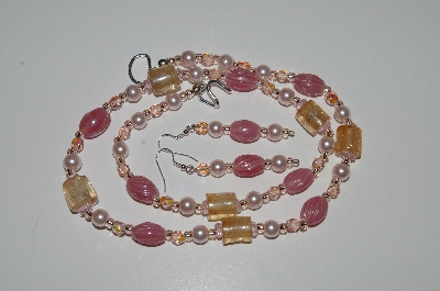 +MBA #B6-003  "Fancy Pink Glass Bbead & Pearl Necklace & Matching Earring Set"