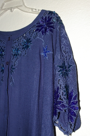 +MBAHB #19-199  "Jane Ashley 1990's Blue Rayon One Of A Kind Hand Beaded Top"