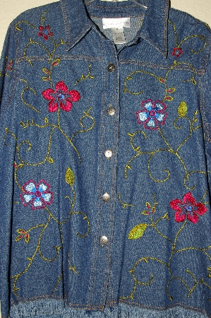 +MBAHB #19-182  "Susan Graver Fringed Jean Jacket With Floral Embroidery"