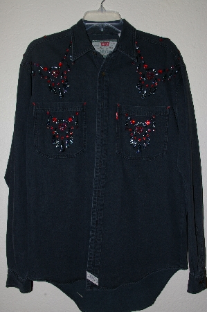 +MBAHB #19-159  "Levi's 1980's Black Denim One Of A Kind Hand Beaded Top"