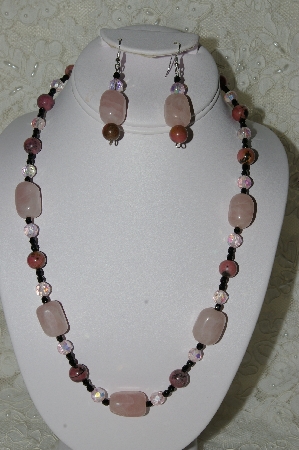 +MBAHB #19-268  "Rose Quartz,Rhodonlite,Pink Ab & Black Crystal Necklace & Earring Set"