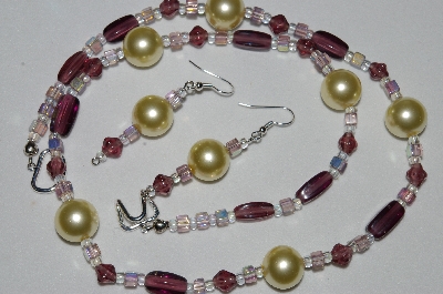 +MBAHB #19-350  "Large Yellow Glass Pearls, Purple Glass & Square AB Lavender Glass Bead Necklace & Earring Set"