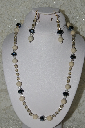 +MBAHB #19-273  "River Stone, Fancy Black Matalic Crystal, Fancy AB Clear Crystal & Smoke Fire Polished Glass Bead Necklace & Earring Set"