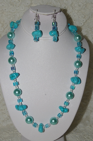 +MBAHB #19-346  "Blue Turquoise,Large Blue Glass Pearls & Fancy AB Square Aqua Blue Glass Bead Necklace & Matching Earring Set"