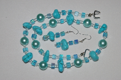 +MBAHB #19-346  "Blue Turquoise,Large Blue Glass Pearls & Fancy AB Square Aqua Blue Glass Bead Necklace & Matching Earring Set"