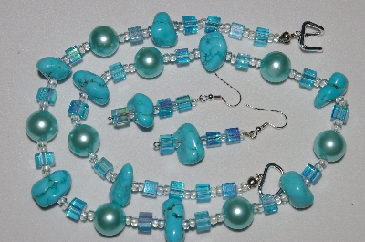 +MBAHB #19-346  "Blue Turquoise,Large Blue Glass Pearls & Fancy AB Square Aqua Blue Glass Bead Necklace & Matching Earring Set"