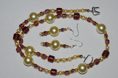 +MBAHB #19-458  "Yellow Glass Pearls, Purple Glass & Gold Glass Bead Necklace & Earring Set"