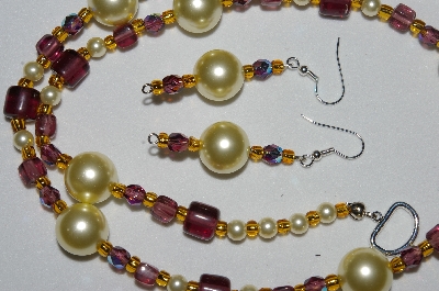 +MBAHB #19-458  "Yellow Glass Pearls, Purple Glass & Gold Glass Bead Necklace & Earring Set"