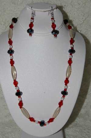 +MBAHB #19-325  "Fancy Black Matalic Crystal, Clear Luster Glass & Red Fire Polished Glass Bead Necklace & Earring Set"