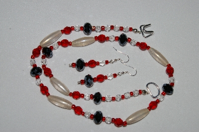 +MBAHB #19-325  "Fancy Black Matalic Crystal, Clear Luster Glass & Red Fire Polished Glass Bead Necklace & Earring Set"