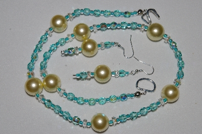 +MBAHB #19-368  "Large Yellow Glass Pearl, Clear Crystal & Fancy Aqua Blue Fire Polished Glass Bead Necklace & Earring Set"