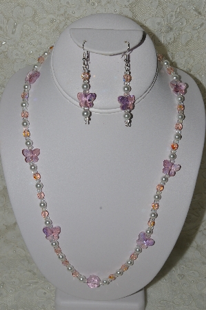 +MBAHB #19-363  "Fancy Pink Crystal Butterfly, White Glass Pearl & Pink Fire Polished Glass Bead Necklace & Earring Set"