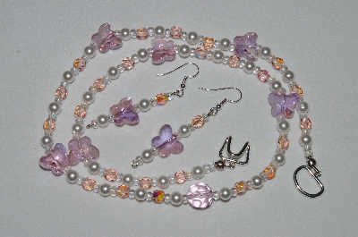 +MBAHB #19-363  "Fancy Pink Crystal Butterfly, White Glass Pearl & Pink Fire Polished Glass Bead Necklace & Earring Set"