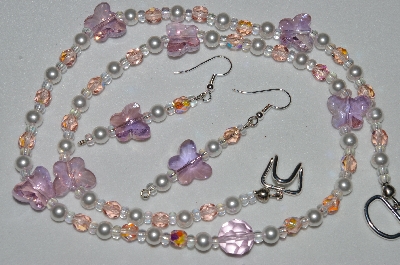 +MBAHB #19-363  "Fancy Pink Crystal Butterfly, White Glass Pearl & Pink Fire Polished Glass Bead Necklace & Earring Set"