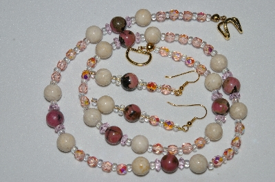 +MBAHB #19-407  "Rhodonlite, River Stone, Pink Crystal & Pink Fire Polished Glass Bead Necklace & Earring Set"
