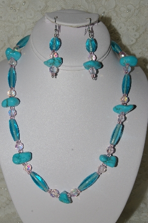 +MBAHB #19-342 "Blue Turquoise,Pink AB Crystal & Aqua Blue Glass Bead Necklace & Earring Set"