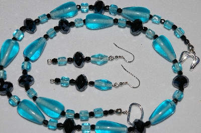 +MBAHB  #19-333  "Fancy Faceted Black Crystal & Aqua Blue Glass Necklace & Earring Set"