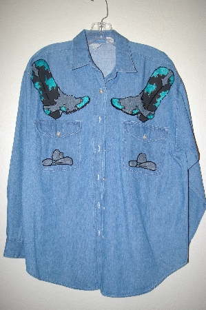 +MBAHB #25-108  "Connections NYC Blue Denim One Of A Kind Hand Painted & Glass Beaded Shirt"
