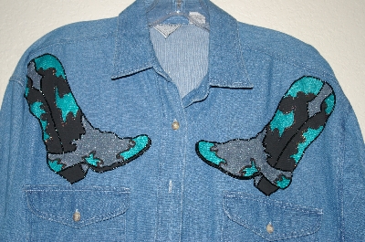 +MBAHB #25-108  "Connections NYC Blue Denim One Of A Kind Hand Painted & Glass Beaded Shirt"