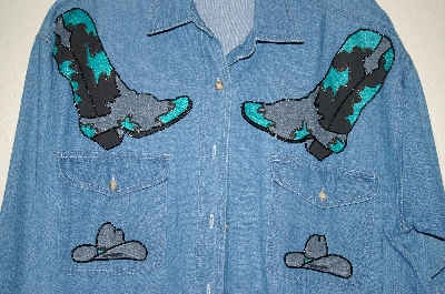 +MBAHB #25-108  "Connections NYC Blue Denim One Of A Kind Hand Painted & Glass Beaded Shirt"