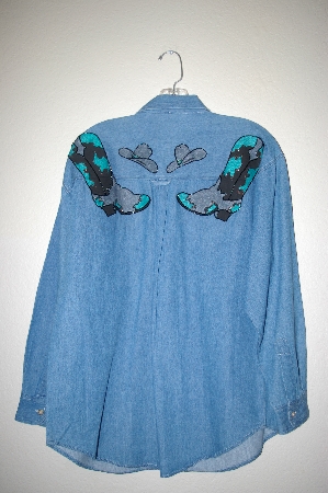 +MBAHB #25-108  "Connections NYC Blue Denim One Of A Kind Hand Painted & Glass Beaded Shirt"