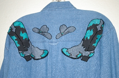 +MBAHB #25-108  "Connections NYC Blue Denim One Of A Kind Hand Painted & Glass Beaded Shirt"