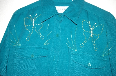 +MBAHB #25-041  "Full Steam Green Fancy Bead & Gemstone Butterfly Motif Shirt"