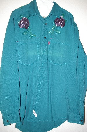 +MBAHB #25-142  "Levi's Men's Green Fancy "Rose" Hand Beaded Shirt"