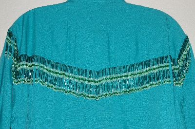+MBAHB #13-047  "Sheplers 1980's Green One Of A Kind Fancy Glass Beaded Fringe Top"
