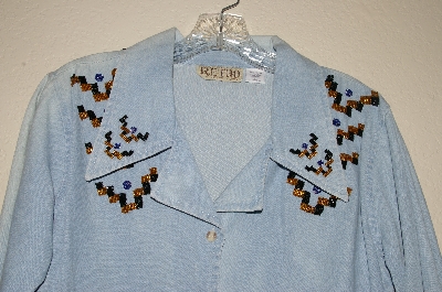 +MBAHB #13-040  "Rertro 1980's One of a Kind Light Denim Hand Beaded Front Tie Shirt"