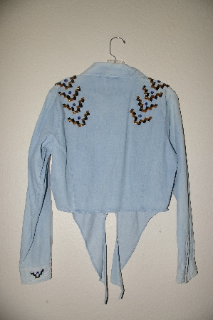 +MBAHB #13-040  "Rertro 1980's One of a Kind Light Denim Hand Beaded Front Tie Shirt"