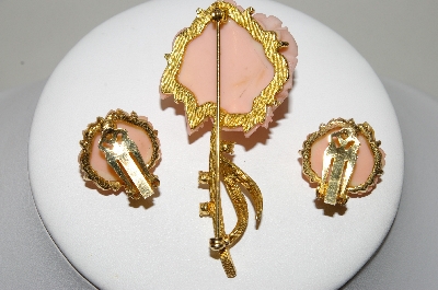 +MBA #88-514  "Vintage Pink Celluloid Rose Pin & Matching Earring Set"