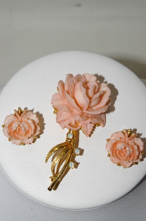 +MBA #88-514  "Vintage Pink Celluloid Rose Pin & Matching Earring Set"