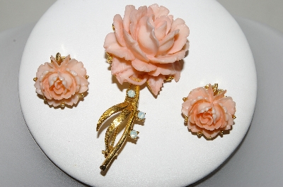 +MBA #88-514  "Vintage Pink Celluloid Rose Pin & Matching Earring Set"