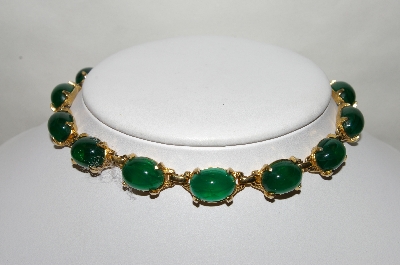 +MBA #88-007  "Vintage Gold Plated Fancy Green Cabochon Glass Chocker"