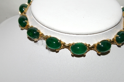 +MBA #88-007  "Vintage Gold Plated Fancy Green Cabochon Glass Chocker"