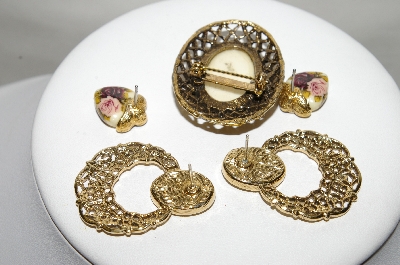+MBA #88-105  "Vintage 5 Piece Set Of Rose Hand Painted Porcelain Jewelry"