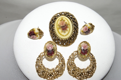 +MBA #88-105  "Vintage 5 Piece Set Of Rose Hand Painted Porcelain Jewelry"