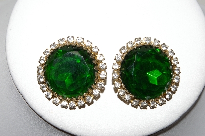+MBA #88-059  "Vintage Green & Clear Glass Rhinestone Clip On Earrings"
