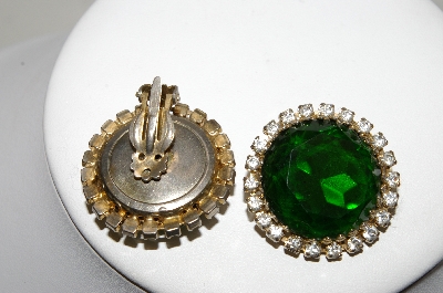+MBA #88-059  "Vintage Green & Clear Glass Rhinestone Clip On Earrings"