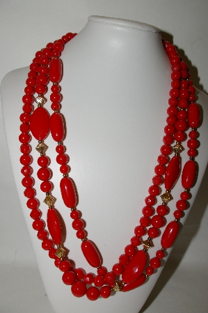 +MBA #88-370  "Vintage Red & Gold Acrylic Bead 3 Strand Necklace"