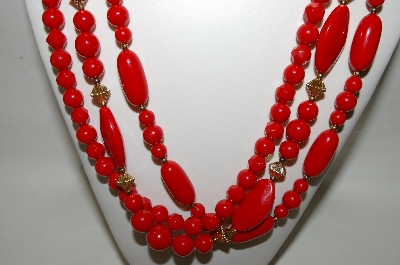 +MBA #88-370  "Vintage Red & Gold Acrylic Bead 3 Strand Necklace"